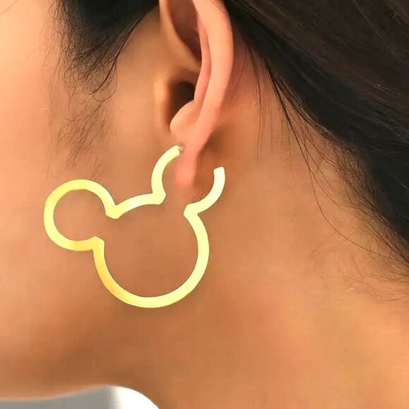 Earrings Mickey Mouse Disney Gold Hoop Head Glam Trendy Vacation Logo Stylish - Picture 1 of 3